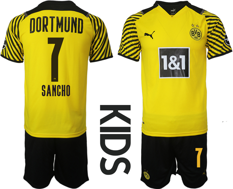 Youth 2021-2022 Club Borussia Dortmund home yellow #7 Soccer Jersey
